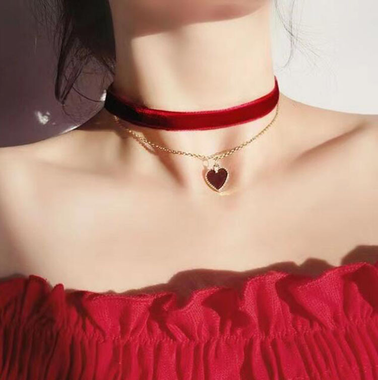 Layered Pendant Necklace Aesthetic - Романтическое двухслойное колье-колье, красный бархатный кулон